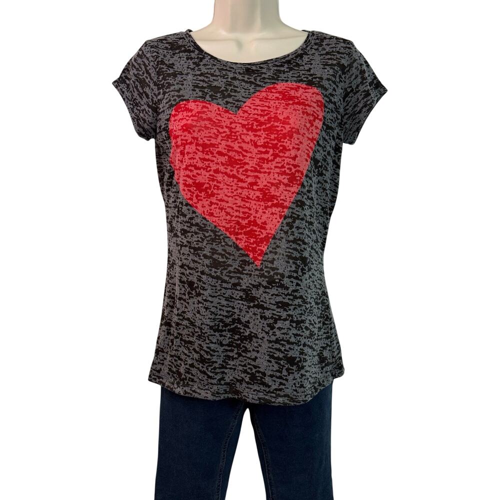 INC International Concepts Black Red Heart Burn Out Short Sleeve T Shirt - Picture 2 of 13